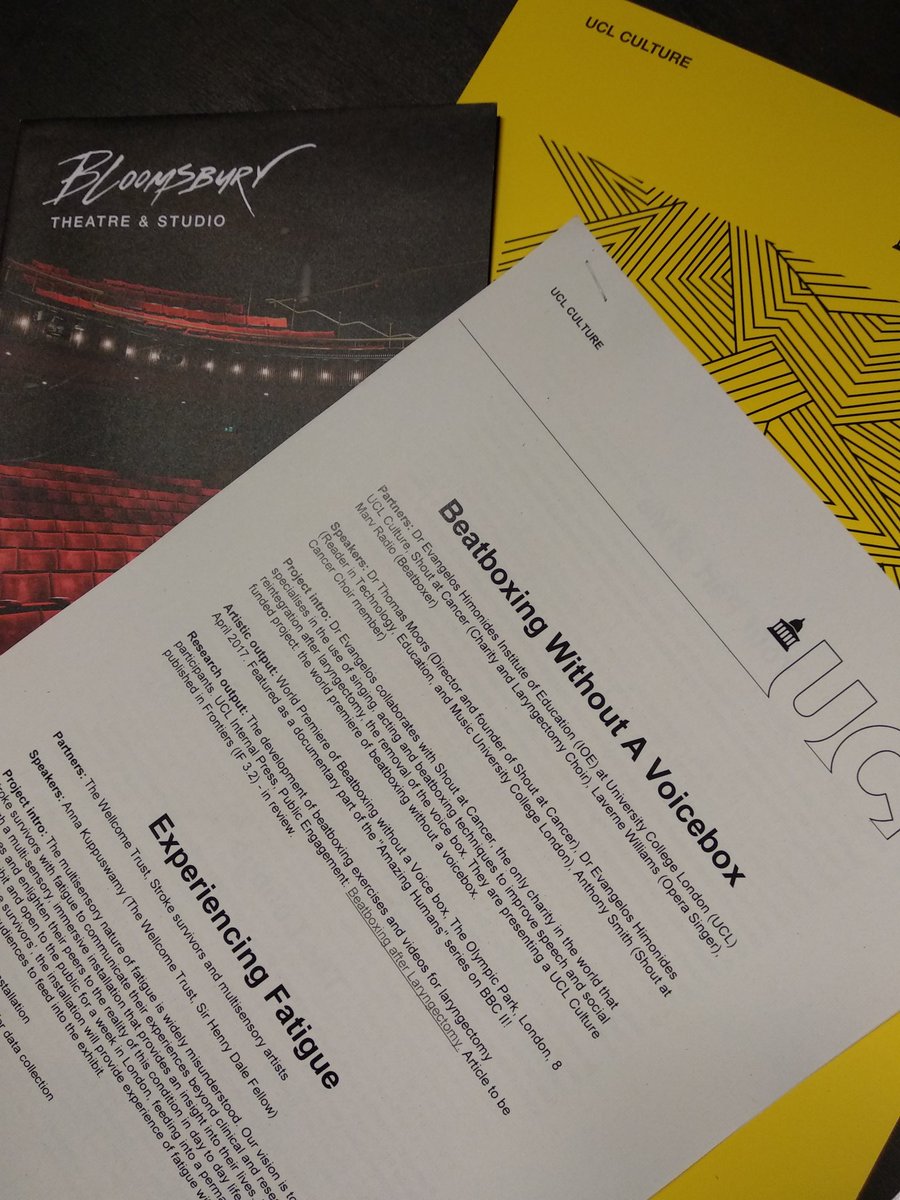 himonides's tweet photo. A great honour to offer the opening presentation at the #UCLPerformanceLab @UCL_Culture #performinghealth symposium this morning at the glorious @bloomstheatre about my @IOE_London research collaboration with @ShoutatCancerUK helping #throatcancer #laryngectomy patients. https://t.co/IZ0nV3LPs1