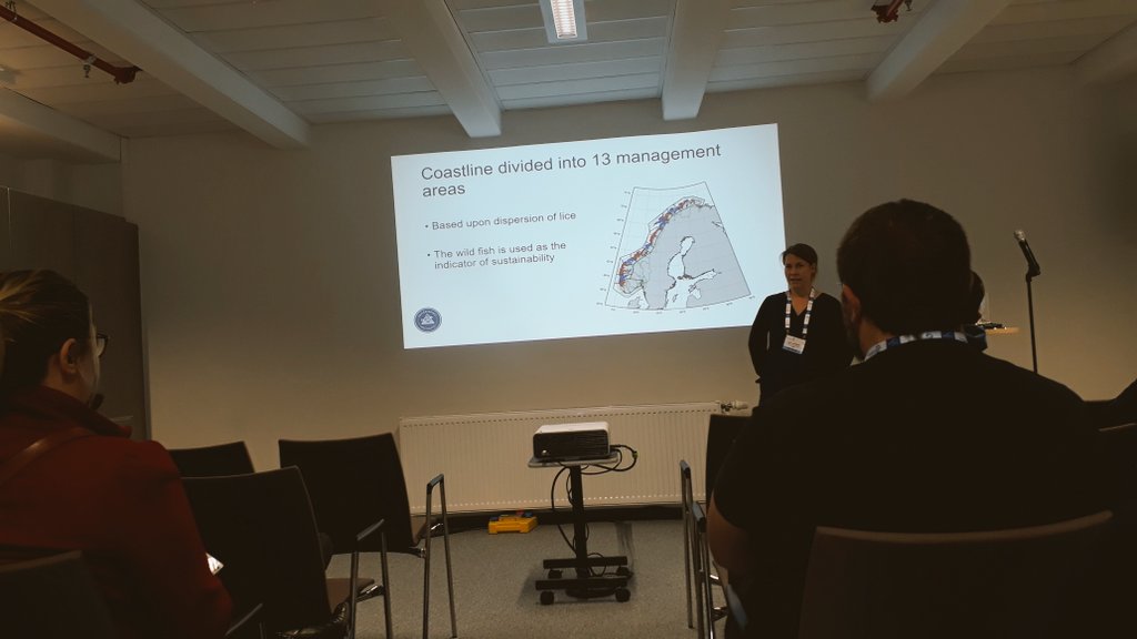 adams_tp's tweet photo. @Havforskningen researcher Ingrid Askeland Johnsen talks about sea lice and the estimating impacts on wild #salmon using models and field data #AquacultureEurope2019 https://t.co/yzhd7XBCnE