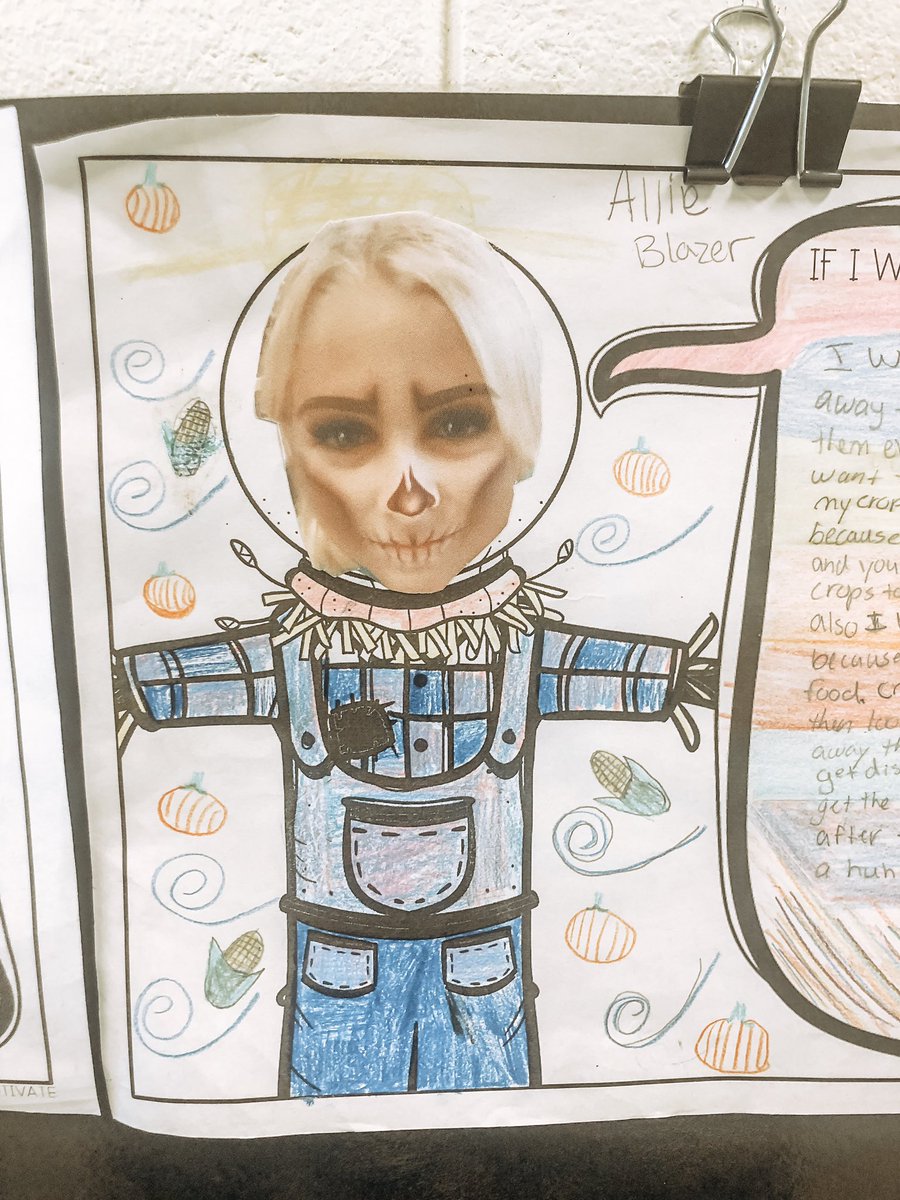MrsWillis4th's tweet photo. Our scarecrow selfie writing turned out wonderful! 4th grade had so much fun with this writing project! 🍁🎃 #pgetweets #selfiewriting #4thgradefun https://t.co/aygnNOOI1Y
