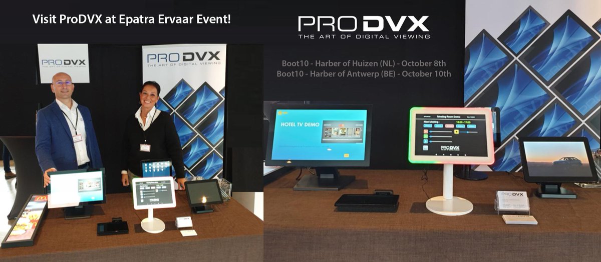 ProDVX's tweet photo. Visit ProDVX at the Epatra Ervaar Event! Boot10 is docked at Huizen Harber (NL) on October 8th and at Antwerp Harber (BE) on October 10th. We'll see you on the boat! #prodvx #epatra #digitalsignage #touchdisplay #roombookingdisplay #meetingroomsignage #android #intel https://t.co/foMPc8E4Nj