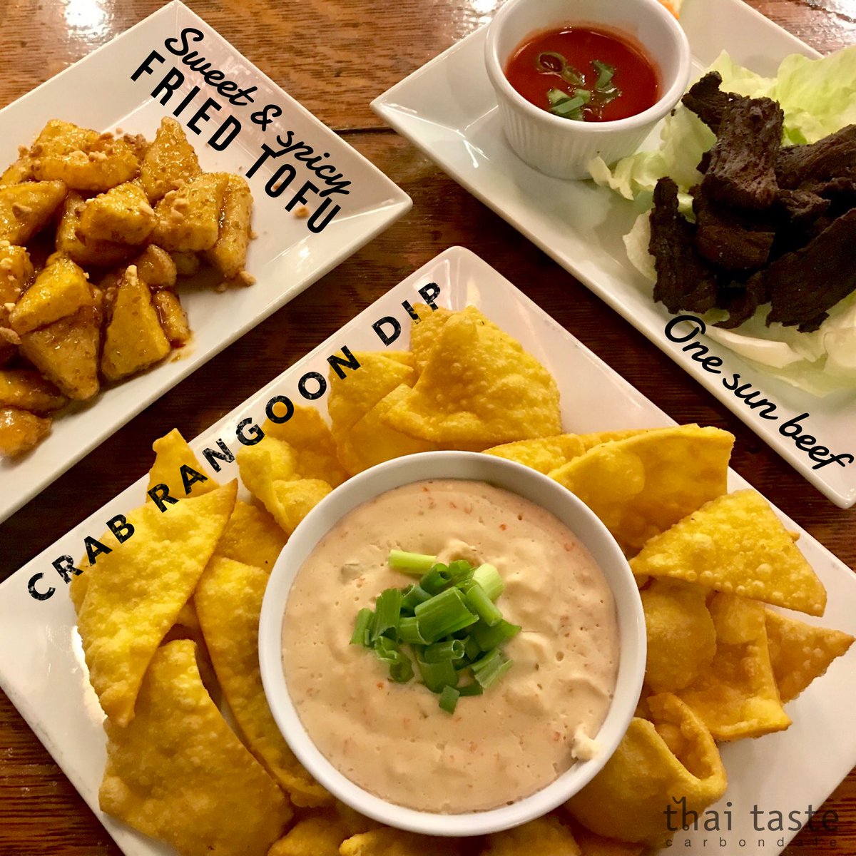 ThaiTasteCDale's tweet photo. It’s Tuesday ya’ll, and you know that means - HALF off selected appetizers!!
>>Try our Sweet & Spicy Fried Tofu, One Sun Beef, or Crab Rangoon Dip<<
.
.
#thaitastecarbondale #eatlocal #thaifood #halfofftuesdays #selectedapps #everytuesday #dineinonly https://t.co/te3n8Ly0qN