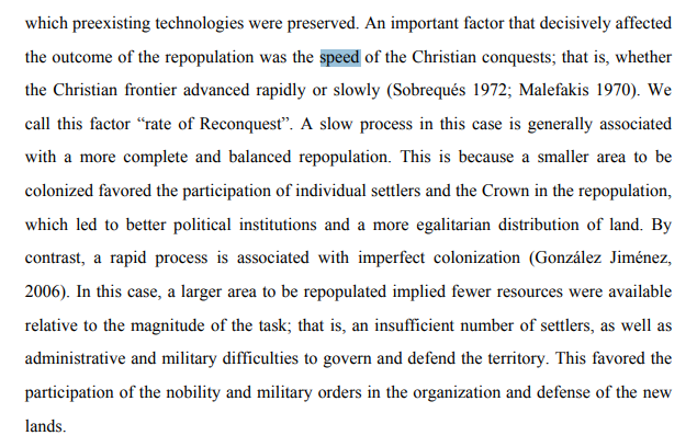 An interesting underlying argument by  @OtoPeralias and Diego Romero-Avila on the speed of reconquest: slow reconquest: distributed land ownership; quick reconquest: concentrated land ownership. https://www.upo.es/economia/economia/romero/Reconquest_manuscript.pdf