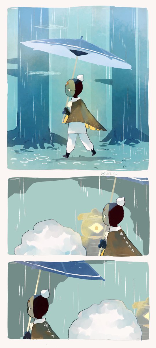 rain comic umbrella holding 1girl pokemon (creature) outdoors  illustration images