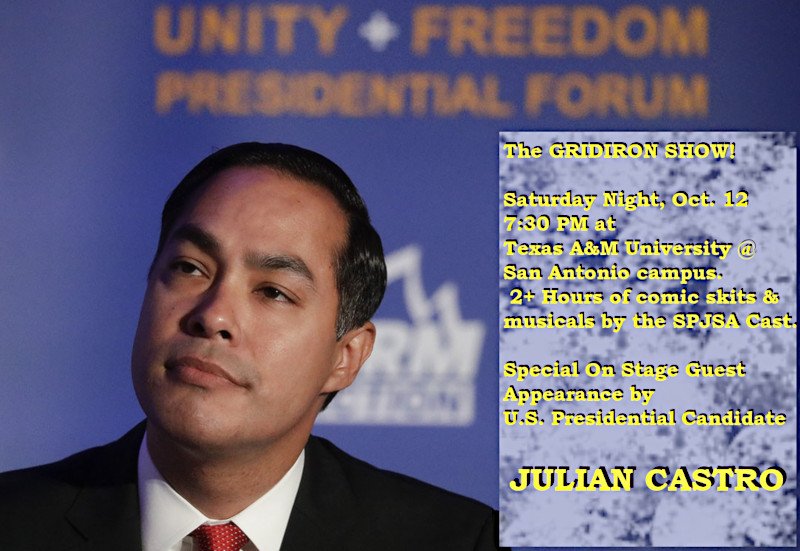 Gridiron_SA's tweet photo. GRIDIRON 2019: 'ENEMIES OF THE STATE' -- a live theater variety show at Texas A&amp;M-San Antonio. Special Guest: Julìan Castro! Get your tickets here -> https://t.co/AVlOEdHAQZ
@Bexar_Democrats @texasdemocrats @TheDemocrats https://t.co/yQG4IZgVa0
