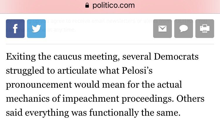 3 impeachment start dates:A) When Nadler "said" impeachment is needed.B)  @JudiciaryDems 9/12/19 rule change (but Pelosi didn't recognize it).C) Pelosi's 9/24/19 announcement (which some Dems told Politico changed nothing).This explains why the WH doesn't treat it as an I.