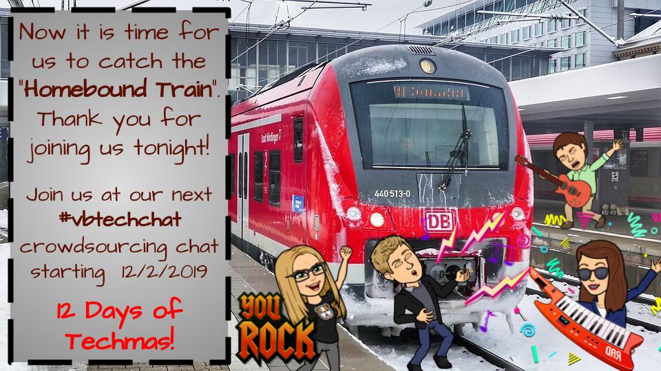 Thank you for joining us tonight. We hope that tonight's #VBtechchat helped spark inspiration for next weeks event! Join us in December for our Techmas Crowdsourcing Chat starting 12/2/19 #vbits <a href="/vbschools/">VBSchools</a> <a href="/cwhinsch/">Charlie Hinsch</a> <a href="/matthewcolohan/">Matthew Colohan</a>
<a href="/KimAdams007/">kimberly f. adams 🏳️‍🌈☮️🏈🇺🇦</a> <a href="/TechTeachVB/">Sheila Teri</a> <a href="/vblms/">Maha Elmachichi</a> <a href="/wjohnsen/">Bill Johnsen</a>