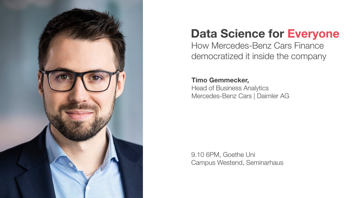 FFMDataScience's tweet photo. Tomorrow, Timo Gemmecker will share story about @Daimler strategy and hands-on experience on how to change mindset and empower everyone in the company to use power of #Analytics. Thanks to @statworx for support! Registration: https://t.co/F6F5mSXXvB https://t.co/XfMwLdDRx1