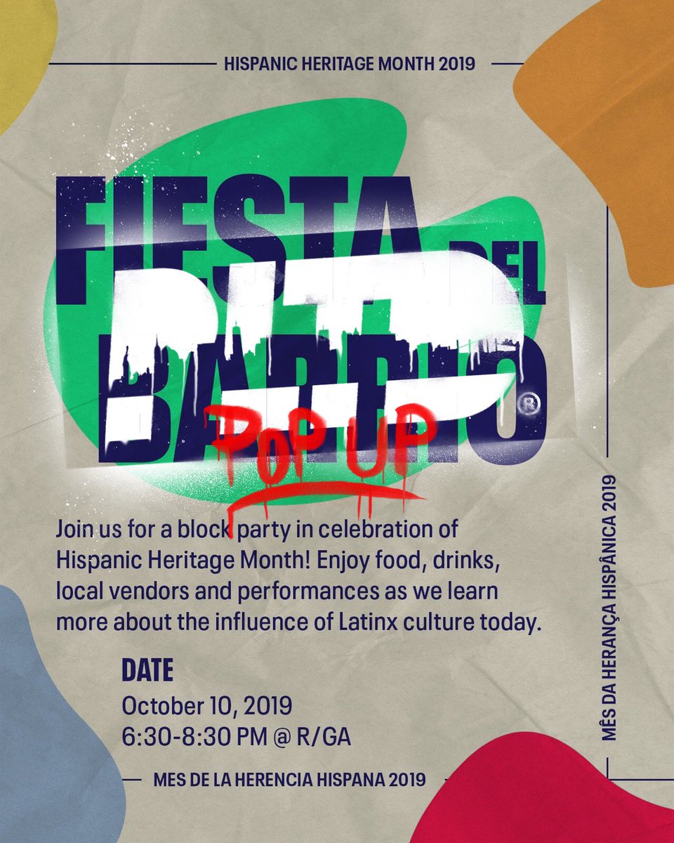 PericoLimited's tweet photo. Thursday we’re teaming up w/@RGA Hispanic/Latinx Employee Network (SOMOS) for the FIESTA DEL BARRIO block party, in celebration of Hispanic Heritage Month. Come network, build partnerships, enjoy the free food, drinks and live entertainment!

Free RSVP: https://t.co/uRNulbIsKT https://t.co/h3NQVc6gFj