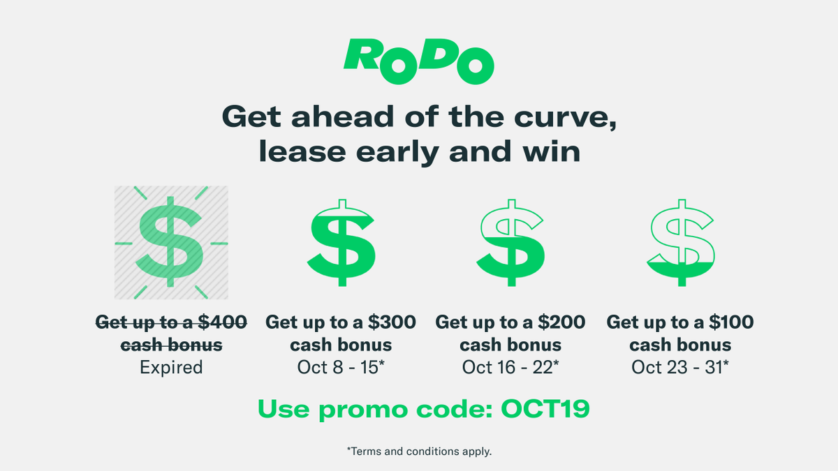 DriveRodo's tweet photo. So you missed out on up to a $400 cash bonus. Don't fret!

You can still get up to a $300 cash bonus if you lease your next car through Rodo. This offer lasts until October 15th, don't miss out. #ReadySetRodo 

https://t.co/h0eALV8jup https://t.co/ae0Artcgbi