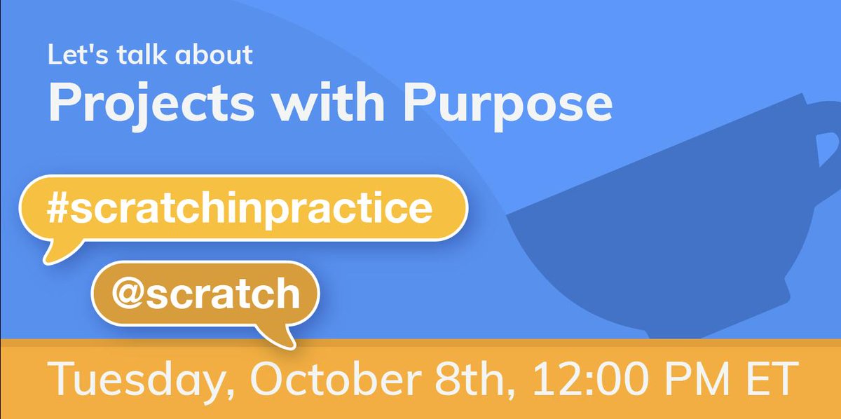 Today at 12:00pm ET I'll be participating in a #scratchinpractice Twitter Chat focused on creating projects with a purpose. Learn more via the Scratch in Practice website. Join the chat by following <a href="/scratch/">Scratch Team</a> and using the #scratchinpractice tag sip.scratch.mit.edu