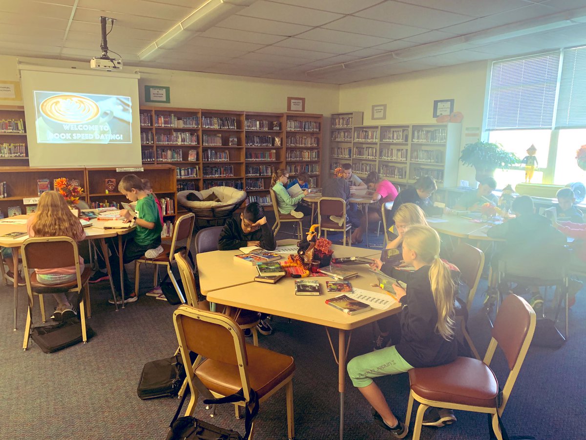 NFVLib's tweet photo. 4th and 5th graders are getting to know the mystery genre through a series of speed dates! {One students’s reaction: “But I’m only 10!”} #speeddatingwithbooks #mysterygenre #nfvreads https://t.co/OXRFbiSEbI