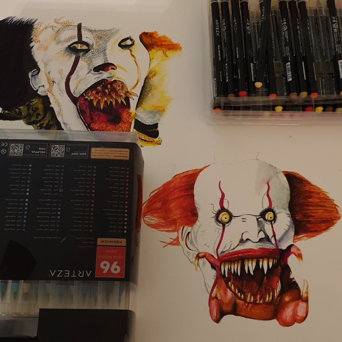 arlistic's tweet photo. 3 more terrifying faces to go and then the background will be added. #artwork #dancingclown #PennyWise #illustrator #graphicartist #youfloattoo #Georgy #art #arteza https://t.co/WdOCxoxyLt