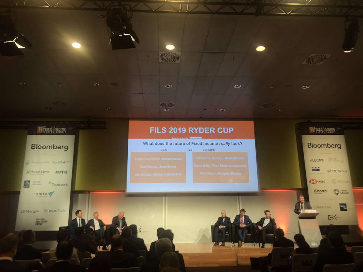 FixedincomeGuru's tweet photo. #FILS19 Ryder cup is teeing-off - Team US: Chris Concannon @MarketAxess, Matt Berger @JaneStreetGroup and Jim Switzer @AB_insights takes-on Team Europe: Christophe Roupie @MarketAxess David Scilly and Phil Allison @MorganStanley on the future of #fixedincome markets https://t.co/ZUrMHZxfgW