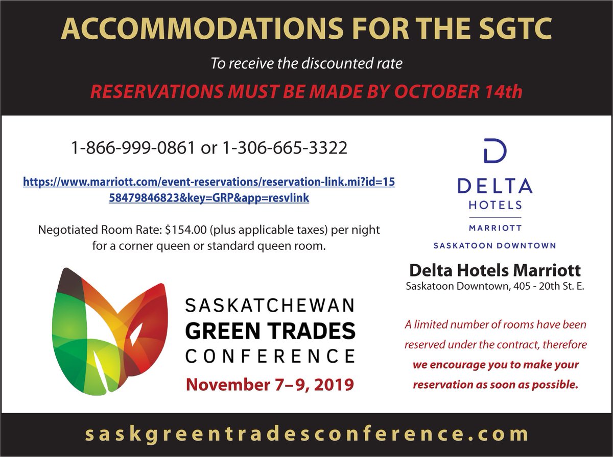 Remember to make your reservation at Delta Hotels by Marriott, Downtown Saskatoon for the 2019 SGTC Conference. A discounted rate has been negotiated for our participants – the deadline has been extended to October 14 but rooms are filling fast.
marriott.com/event-reservat…

#SGTC2019