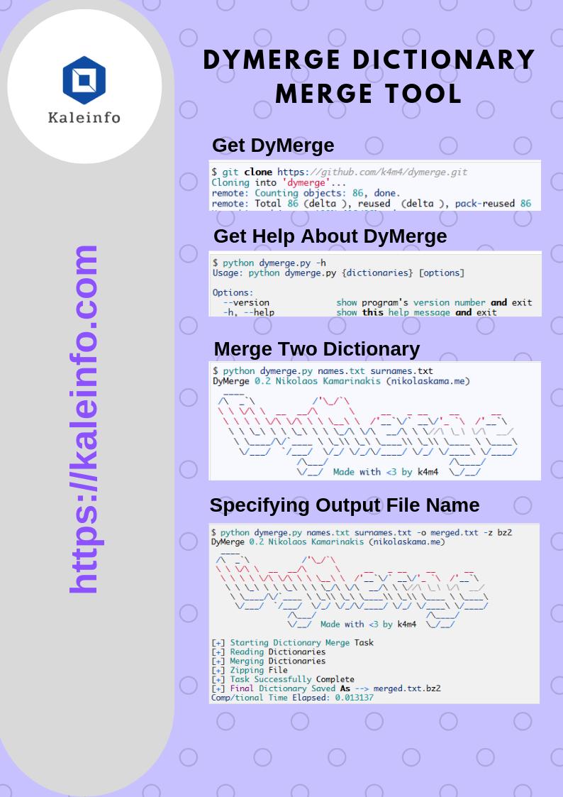 KaleInfoSec's tweet photo. Dymerge Dictionary Merge Tool #dymerge #hash #security #pentest #system #database #dictionary https://t.co/UWeNXfYSiF https://t.co/kd34s7MTJS