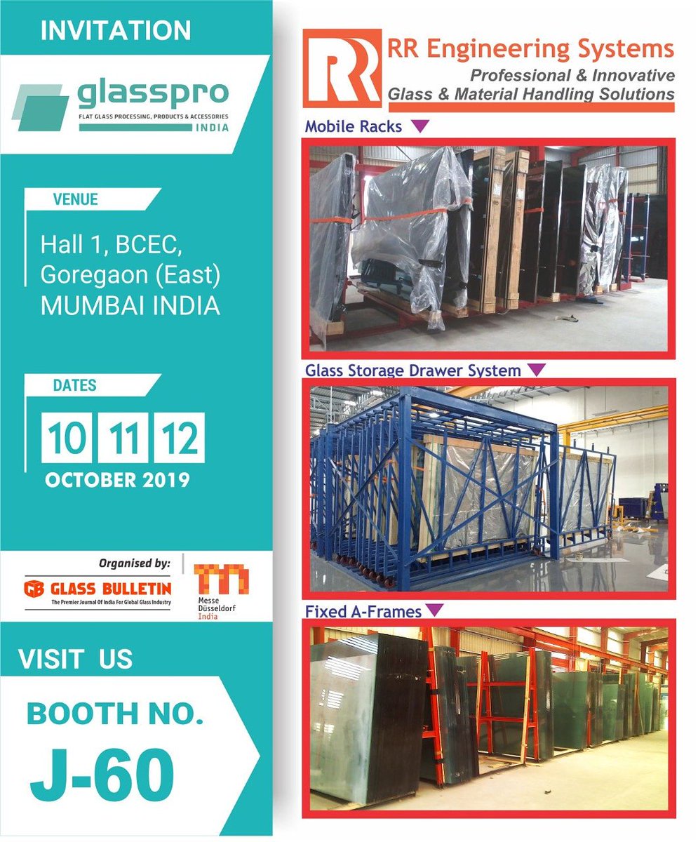 BulletinGlass's tweet photo. Please Visit Booth No. J-60, Hall No.1
RR Engineering Systems
Glass Handling and Storage Solutions
#glasspro #glassproINDIA #Exhibition #FlatGlassExhibition https://t.co/8rWbcSCK9M