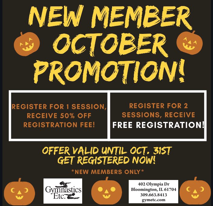 gym_etc's tweet photo. Spread the word! Tell your friends! We have an AWESOME new member promotion going on the month of October! Register for one session, receive 50% off your registration fee! Register for 2 sessions, receive FREE REGISTRATION! Offer only valid until 10/31 - new members only! https://t.co/XviYyTotkB