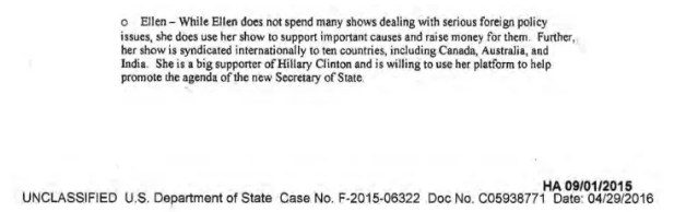 The below State Department memo stated that Ellen DeGeneres is willing to use her platform to promote the agenda of the State Department.