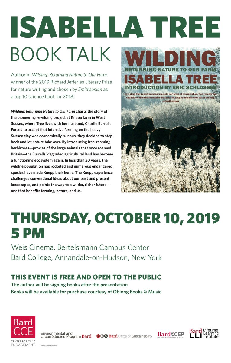 BardEATS's tweet image. THIS THURSDAY! Author Isabella Tree discusses her award-winning book "Wilding: Returning Nature to Our Farm" in Weis Cinema at 5pm. Event is free and open to the public.