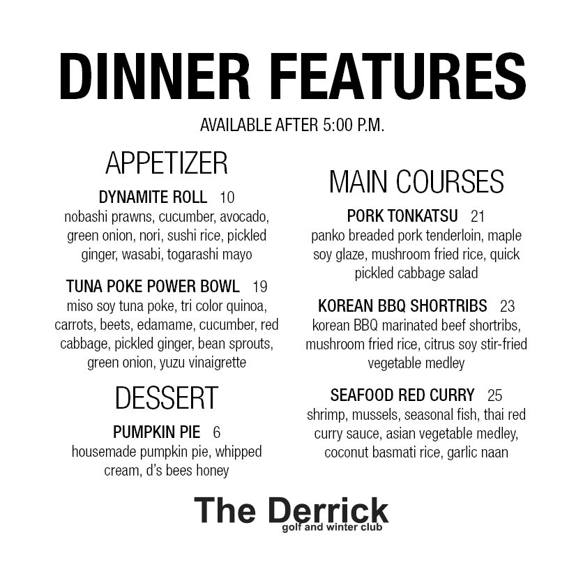 thederrickclub's tweet photo. We have new dinner features! Try these out after 5PM. π½οΈ #DinnerFeatures #DerrickEats #YEGfood #YEG https://t.co/JTLDirA6s1