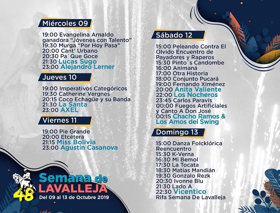 48ª Semana de Lavalleja
Desde el 9 al 13 de octubre, en el Parque Rodó y el Cerro Artigas, en la tradicional Noche de los Fogones
+Info: bit.ly/2VqcnI2