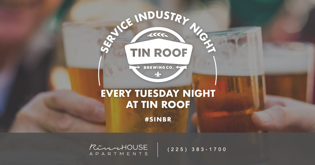 Every tuesday night at Tin Roof Brewery is SIN night! You can enjoy great deals and great drinks all just minutes away from River House. #serviceindusty #SINBR #RHlife