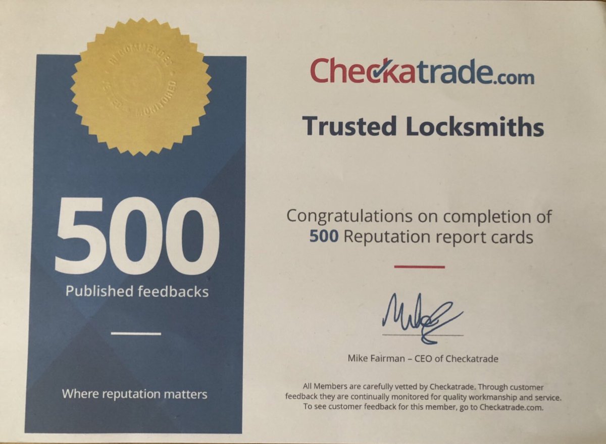 TrustedLocks's tweet image. To celebrate our 500th review on Checkatrade, we at Trusted Locksmiths are offering a 10% discount on all works!! Please call us in 07767 164005 to book an appointment.