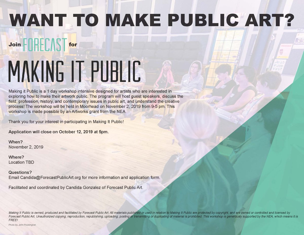 Want To Make Public Art? 

Forecast Public Art is hosting a workshop on November 2. Applications for the workshop are due October 12, 5pm. 

More information at forecastpublicart.org/consulting/tra…