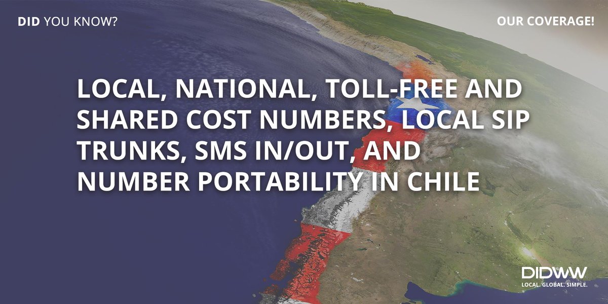 DIDWW's tweet image. Please follow the link to our latest coverage: pos.li/2dgniq

#DIDWWCoverage #Chile #LocalNumbers #NationalNumbers #TollFreeNumbers #SharedCost #LocalSIPTrunks #SMSInOut #NumberPortability #Telecommunication