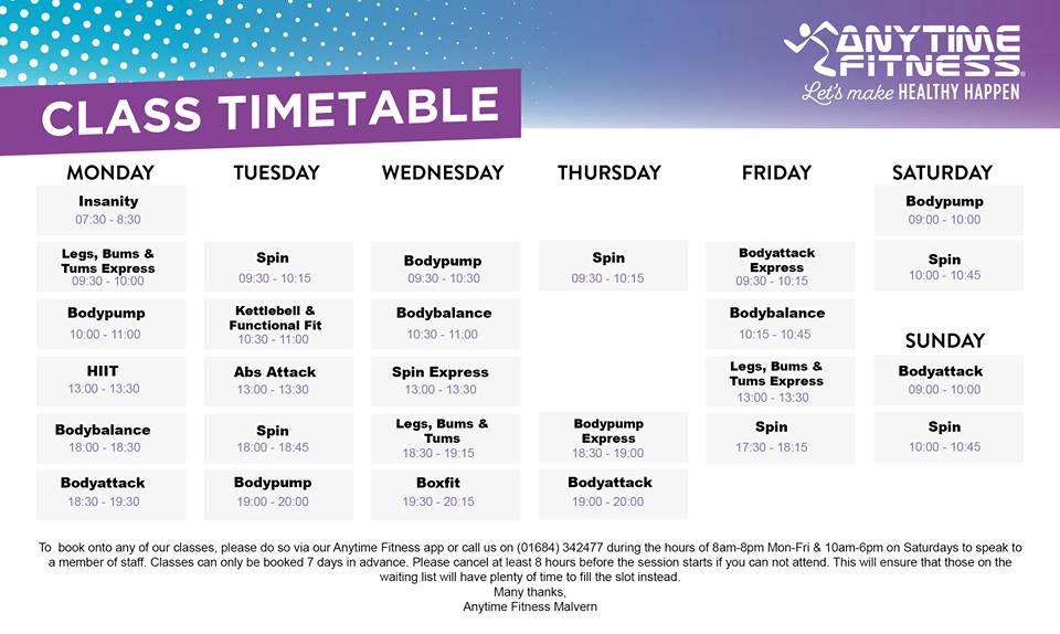 Timetable Tuesday! Take a look at the classes that are included with your Anytime Fitness Membership!

#malvern #malvernhills #greatmalvern #worcester #worcestershire #gym #fitness #exerciseclasses #workoutinspiration #fitnessinspiration
