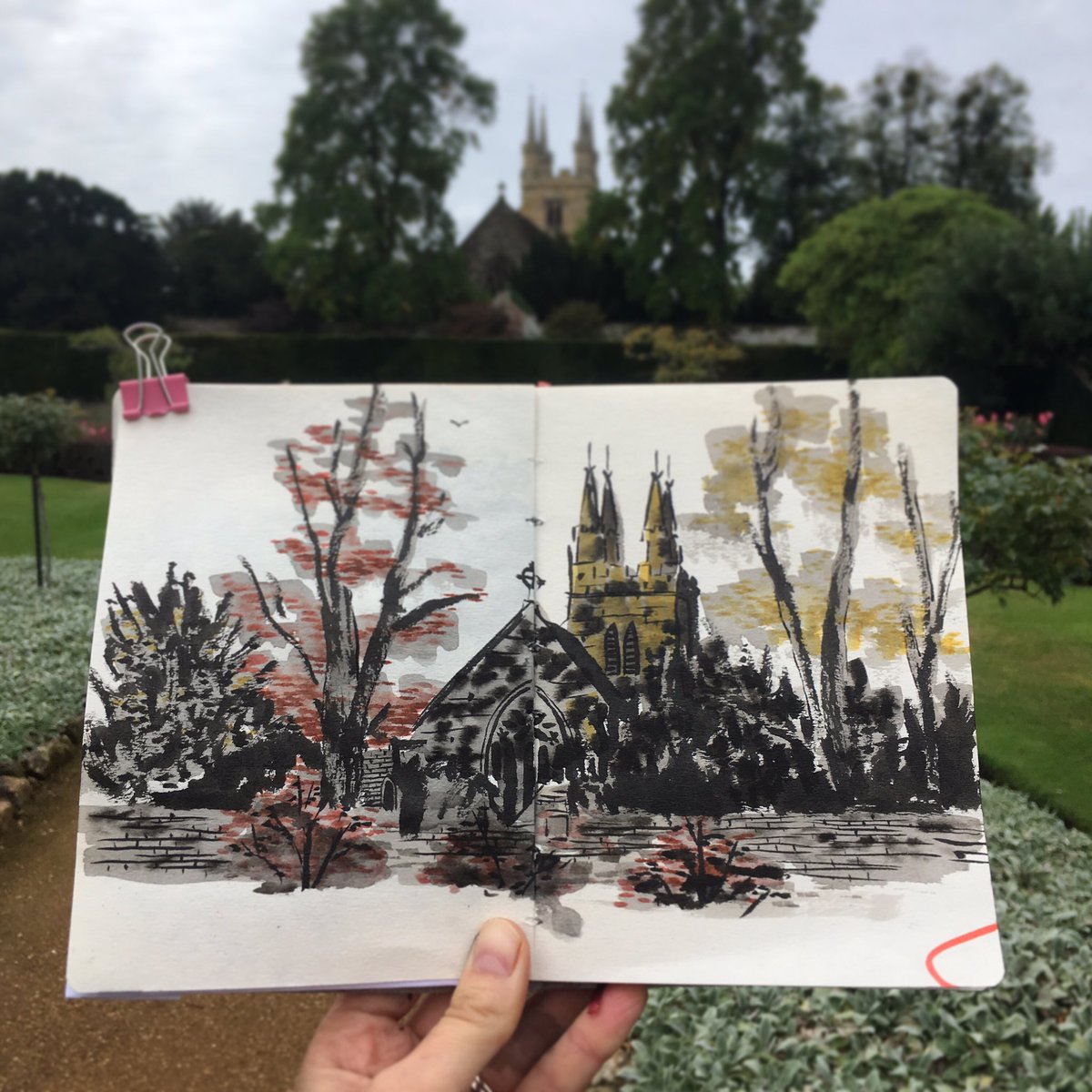 LouIllustration's tweet photo. #inktober day 8! I drove all the way to the place I wanted to draw today and realised I’d forgotten half my drawing stuff! So I experimented with what I did have and used some coloured pens.#inktober2019 #observationaldrawing #drawingfromlife #sketchbook #sketch #illustratorlife https://t.co/cRL5TdqTID