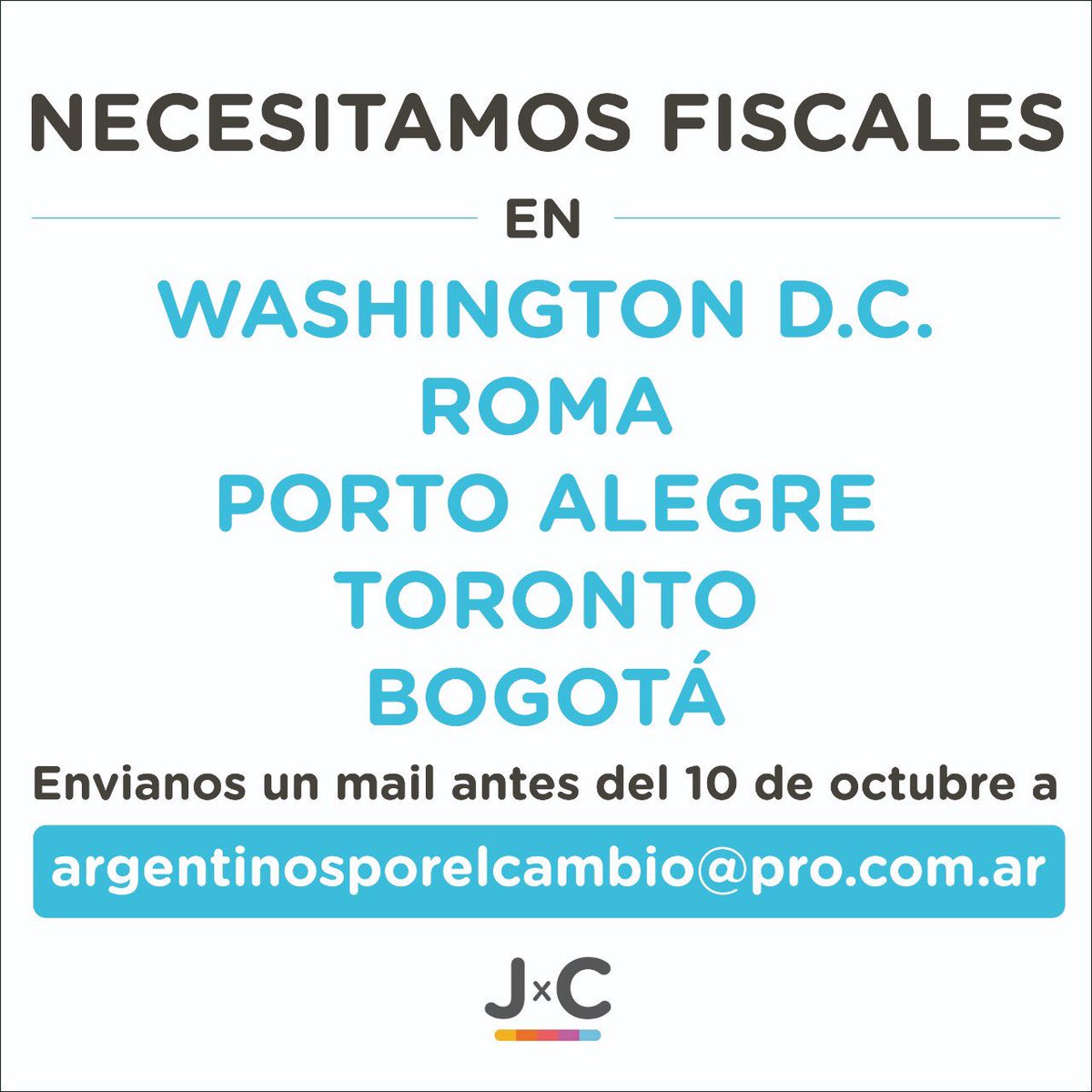 CambiemosExt's tweet photo. IMPORTANTE❗️Washington, Roma, Porto Alegre, Toronto y Bogotá. Necesitamos fiscales. Mándanos un mail a argentinosporelcambio@pro.com.ar 💪🏻

#SiSePuede 
#JuntosPorElCambioExt https://t.co/Rh3MgDrVNW