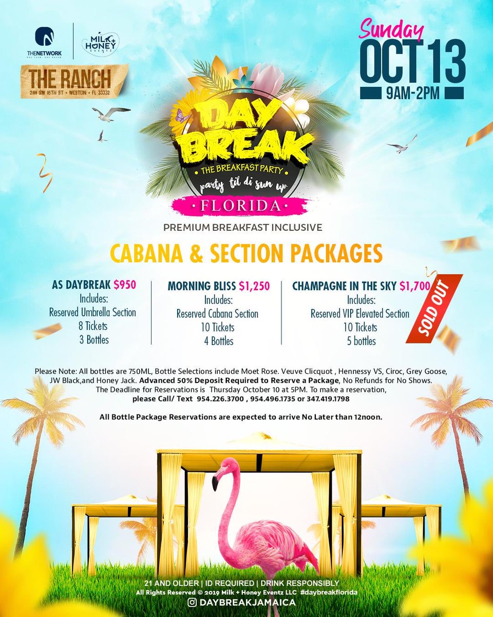 thenetworkjam's tweet photo. ☀We Bringing the HEAT this Sunday ☀ Limited Table and Cabana Packages available for DAYBREAK FLORIDA This Sun Oct 13🇺🇸 Miami Carnival Weekend .
Reserve your package NOW!!!
#DaybreakFL
#MiamiCarnival
#breakfastparty
#daybreakja
#TheNetworkjam
#Dancehall
#soca https://t.co/NvJILadxod