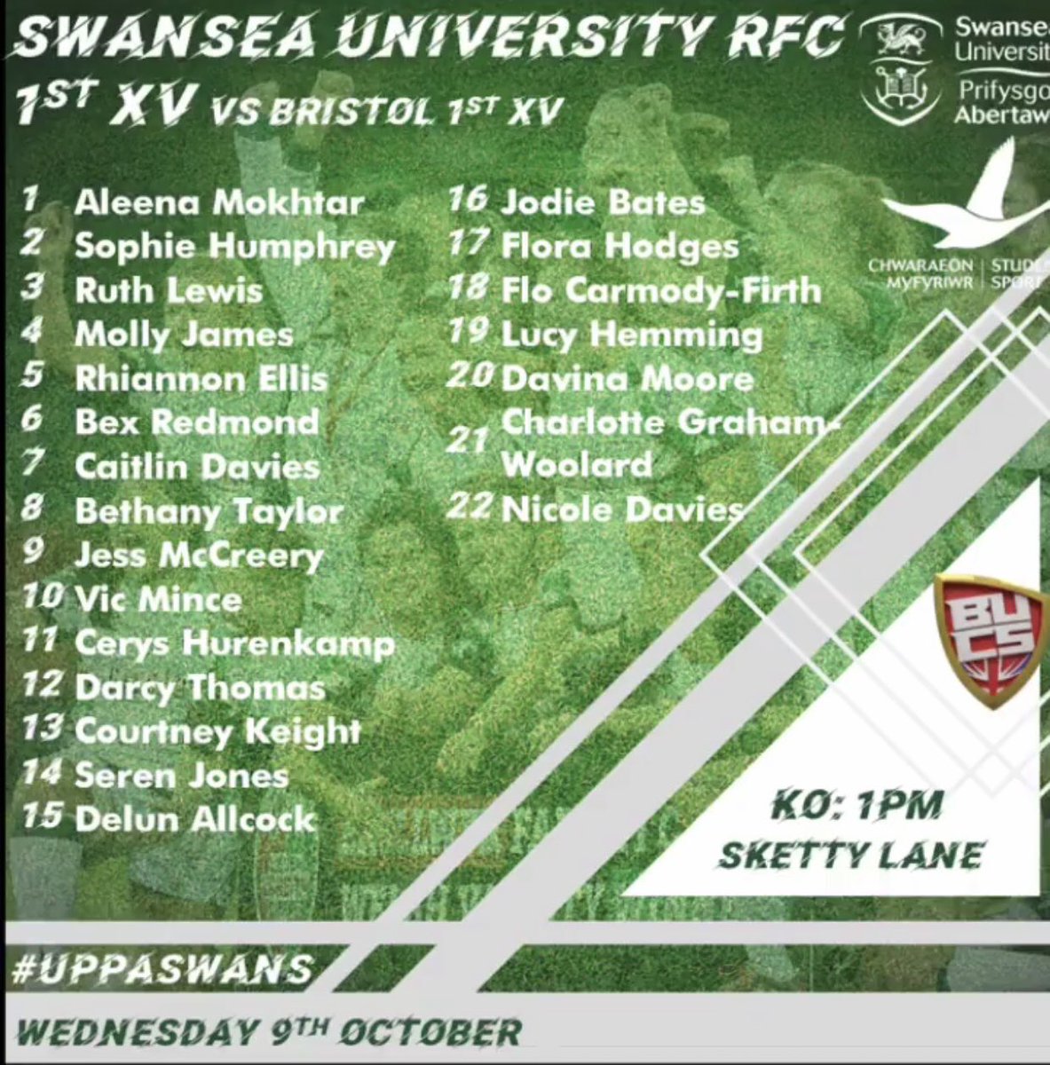 Head down to Sketty Playing Fields for 1pm on Wednesday 9th October to watch our 1st team’s first game of the season! It will definitely not be one to miss! Bring it on 💪🏻🏉 
<a href="/Sport_Swansea/">Sport Swansea</a> <a href="/surfc_official/">Swansea Uni Rugby Football Club</a> <a href="/SwanseaUni/">Swansea University</a> <a href="/BUCSsport/">BUCS</a> #uppaswans #gwa