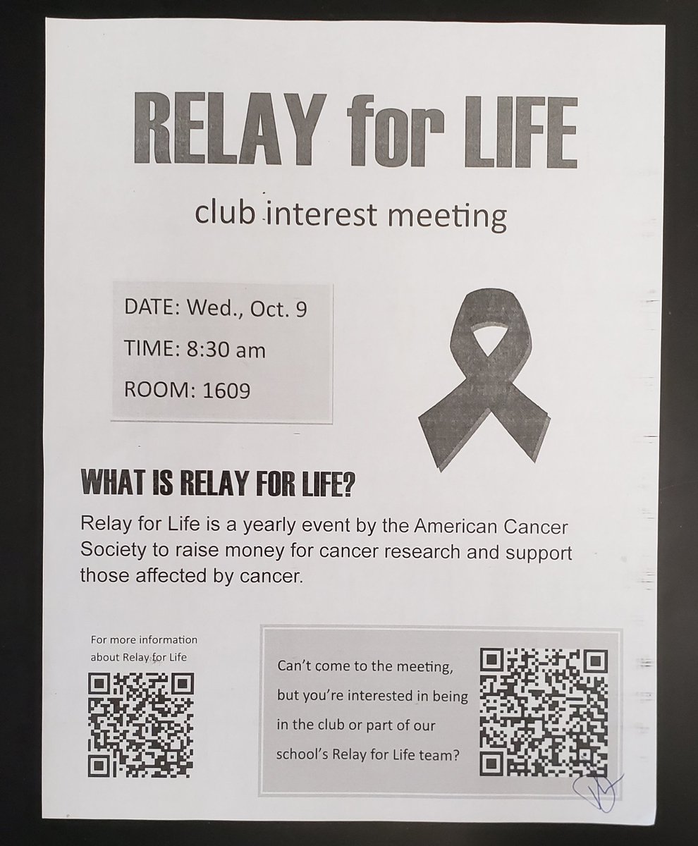 Relay for Life Club - first meeting of 2019-2020 is tomorrow at 8:30 am in room 1609! If you want to be a part of <a href="/RiversideLCPS/">Riverside HS</a> Relay for Life team and/or club, sign up via the QR code.