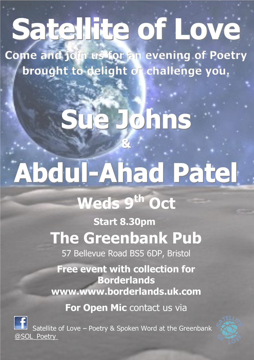 GreenbankEaston's tweet photo. Join us tomorrow for an evening of poetry and spoken word with @SOL_Poetry, Sue Johns and Abdul-Ahad Patel. There's also space to share your own words. All proceeds go to @BorderlandsSW https://t.co/CJV0UzOVJs