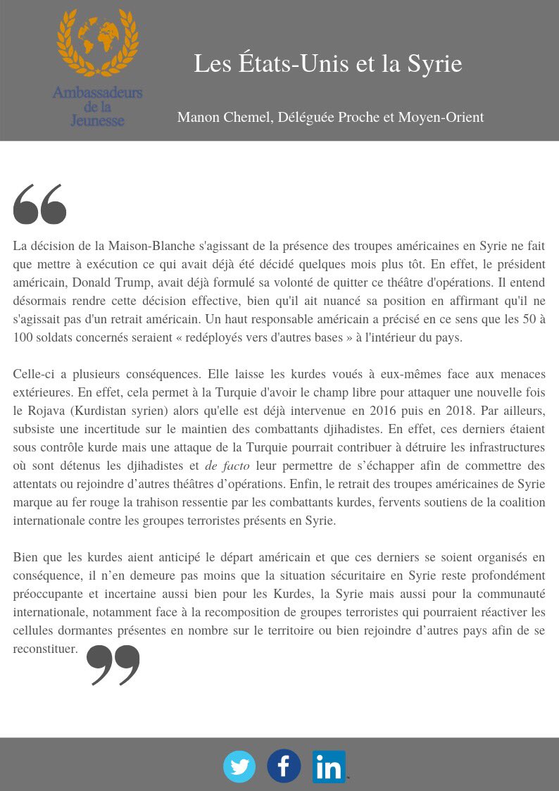 Institut_EGA's tweet photo. Réaction de @ManonVictoriaa, Déléguée Proche &amp; Moyen-Orient des Ambassadeurs de la Jeunesse, à propos de la redéfinition de l’engagement militaire américain en Syrie👇 https://t.co/CmMQ2gPLWa