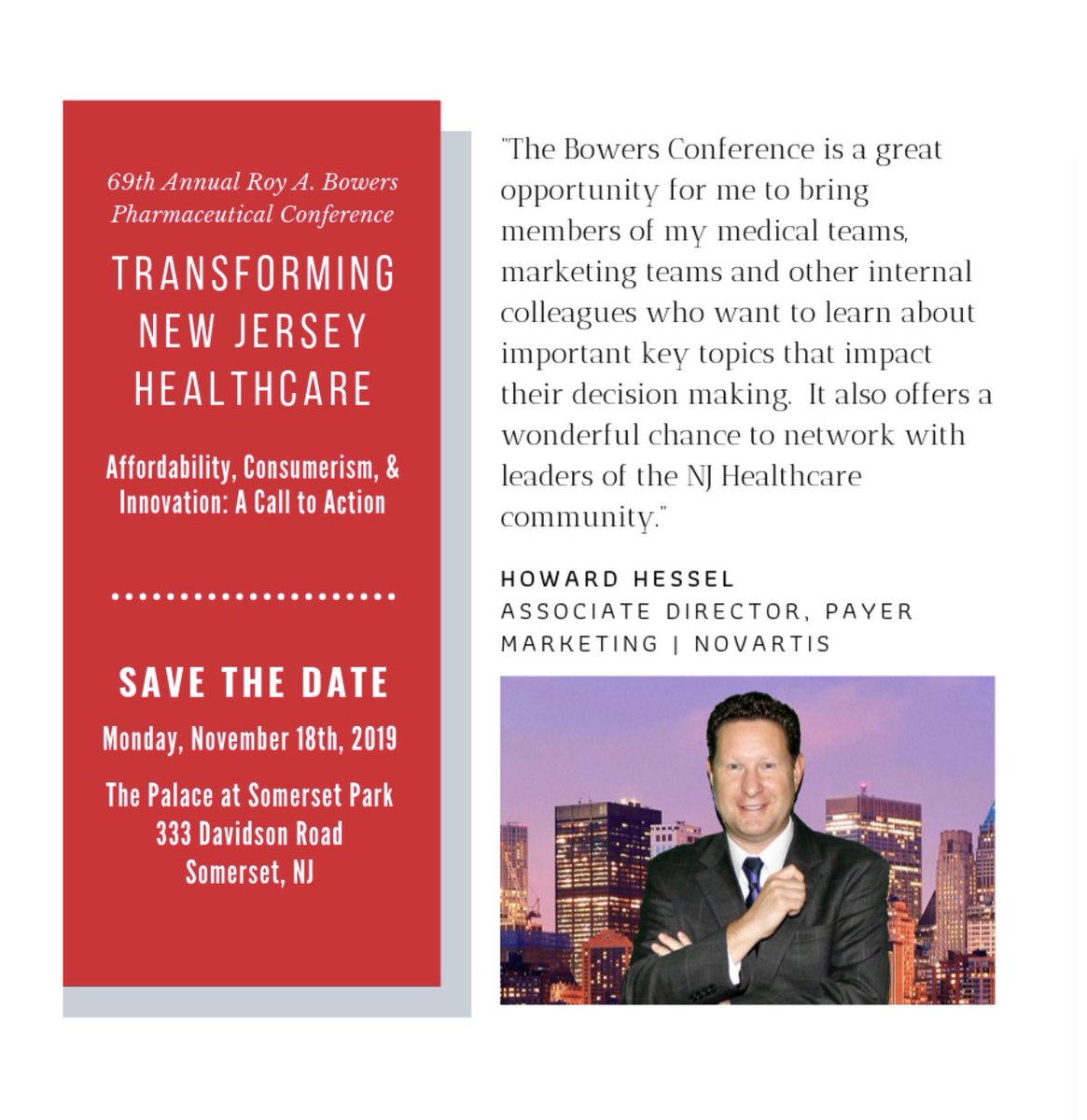BowersConf's tweet photo. Check out what Howard Hessel, Associate Director of Payer Marketing at Novartis, says about the Bowers Conference! Join us on November 18th in Somerset, NJ to learn more about transforming NJ healthcare. https://t.co/lLfEskPuph