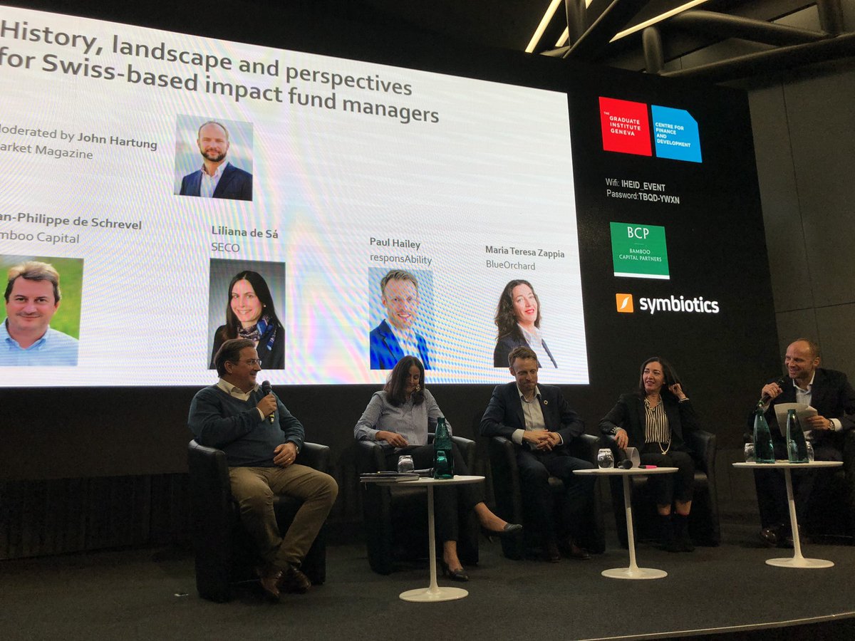 bamboocp's tweet photo. Live from the #SwissDevFin event:
First Panel discussion on “History, landscape and perspectives for Swiss-based impact fund managers” with Jean-Philippe de Schrevel (@bamboocp), @paul_hailey (@responsAbility_ ), Maria Teresa Zappia (@BlueOrchardLtd) & Liliana de Sá (SECO) @IHEID https://t.co/YTE8QWJY34