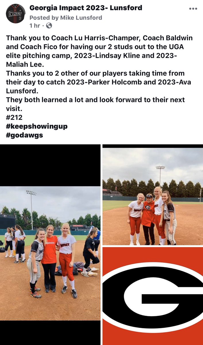 Thank you to Coach Lu Harris-Champer, Coach Baldwin and Coach Fico for having our 2 studs out to the UGA elite pitching camp, 2023-Lindsay Kline and 2023-Maliah Lee.
Thanks you to 2 other of our players taking time from their day to catch 2023s-Parker Holcomb and Ava Lunsford.