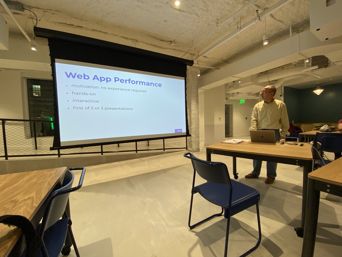 Our monthly meeting is underway! First up, <a href="/bcarreno/">Bryan Carreno</a> is giving part one of his Introduction to Web App Performance talk. (Come next month to see part two!)