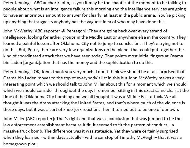 ABC's John McWethy likewise reported @ 1117 ET Pentagon didn't want to jump to conclusions but "very few organizations could put together this kind of coordinated attack" so "most initial fingers" point to bin Laden org w/"the money & sophistication"32/