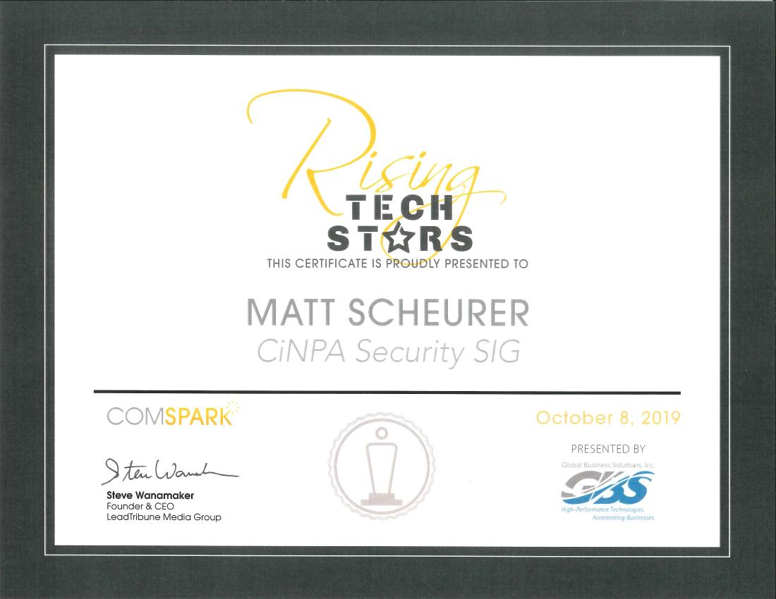 c3rkah's tweet photo. I was honored to receive a #comSpark2019 "Rising Tech Star" award this morning... I sincerely appreciate the recognition for my efforts in the local #Cincinnati #InfoSec community! Thank you so much @comSpark_tech!
#CiNPA #Security #SIG https://t.co/aq2SkR7GBL
