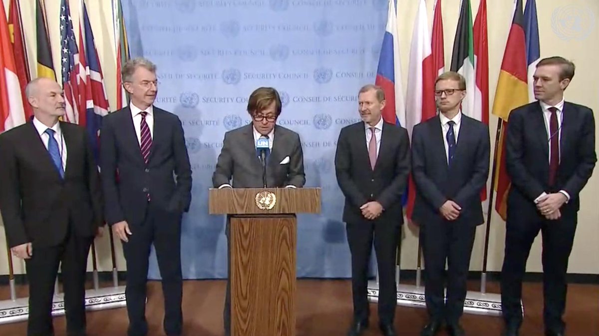 GermanyUN's tweet photo. At #UNSC stakeout, EU6 members 🇩🇪🇧🇪🇫🇷🇵🇱🇬🇧🇪🇪 condemn in the strongest terms the most recent short-range ballistic missile test by #NorthKorea on Oct 2. The launches in the past weeks undermine security &amp; stability &amp; violate UNSC resolutions.

➡ Full stmnt: https://t.co/yIeXMEQ6Wl https://t.co/Tyo4OW4ZCL