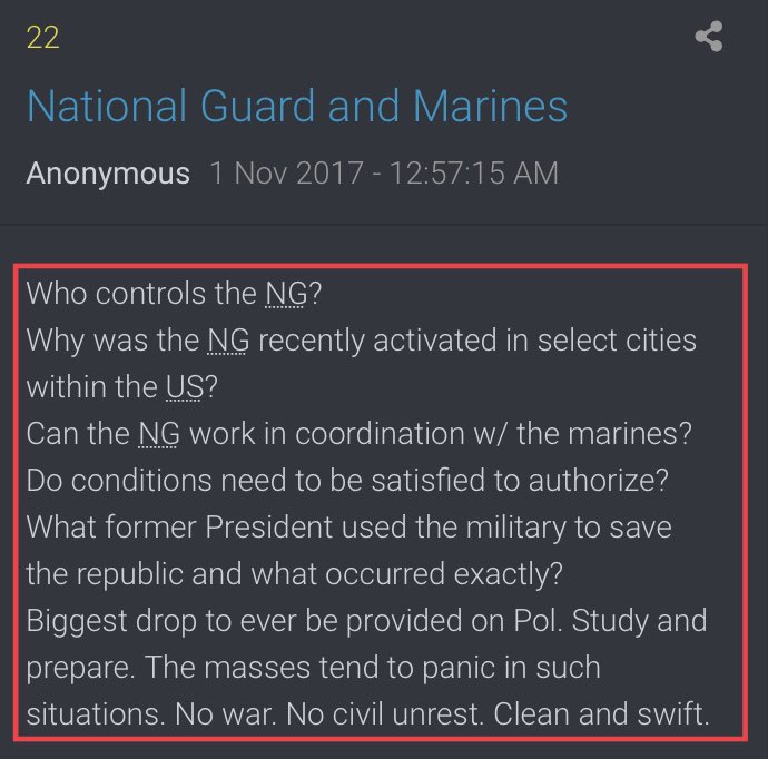 Who controls the NG, why NG recently activated in select citiesCan the NG work w/marines?Do cond. need to be satisfied to auth?What former Pres. used mil. to save the republic...Study & prepare...masses tend to panic in such situations. No war. No civil unrest. Clean & swift.