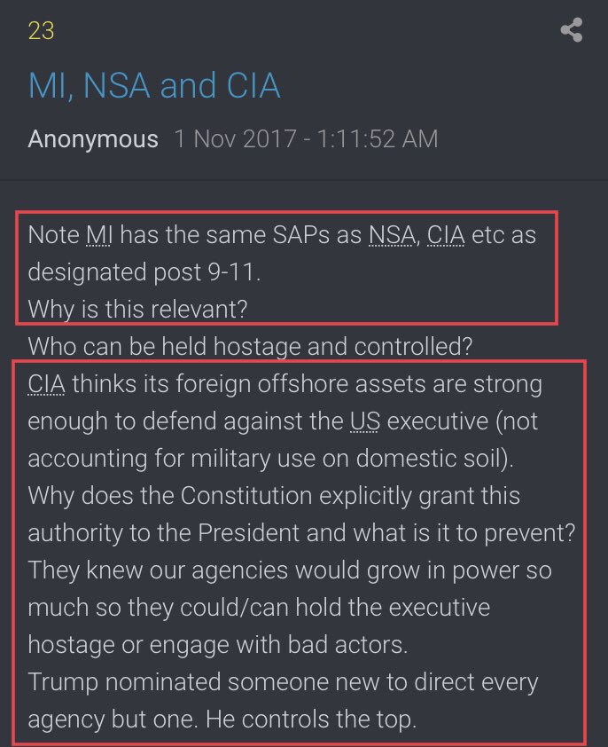 Note MI has the same SAPs as NSA, CIA etc as designated post 9-11. Why is this relevant?Who can be held hostage and controlled?CIA thinks its foreign offshore assets are strong enough to defend against the US executive (not accounting for military use on domestic soil)