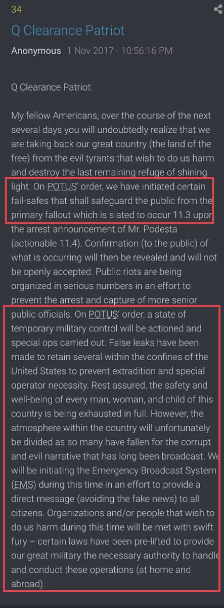 ...Public riots are being organized in serious numbers in an effort to prevent the arrest and capture of more senior public officials. On POTUS’ order, a state of temporary military control will be actioned and special ops carried out...