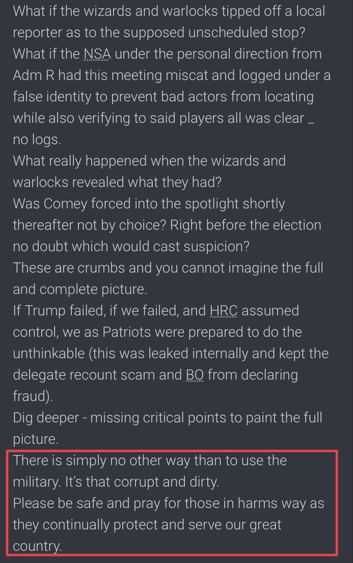 MINo media.No leaks...Focus on Flynn. Background/potential role. What is the common denominator in terms of military backgrounds close to POTUS... There is simply no other way than to use the military. It’s that corrupt and dirty. Please be safe and pray...