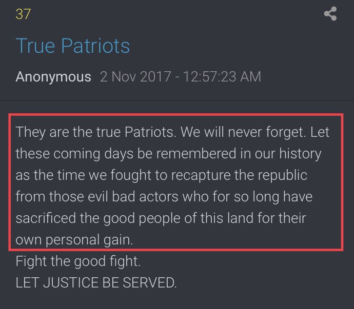They are true Patriots. We will never forget. Let these coming days be rem. in our history as the time we fought to recapture the republic from those evil bad actors who...have sacrificed the good people of this land for their own personal gain. LET JUSTICE BE SERVED.