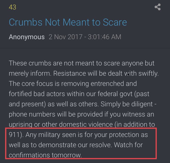 These crumbs are not meant to scare anyone but merely inform. Resistance will be dealt with swiftly...Any military seen is for your protection as well as to demonstrate our resolve...